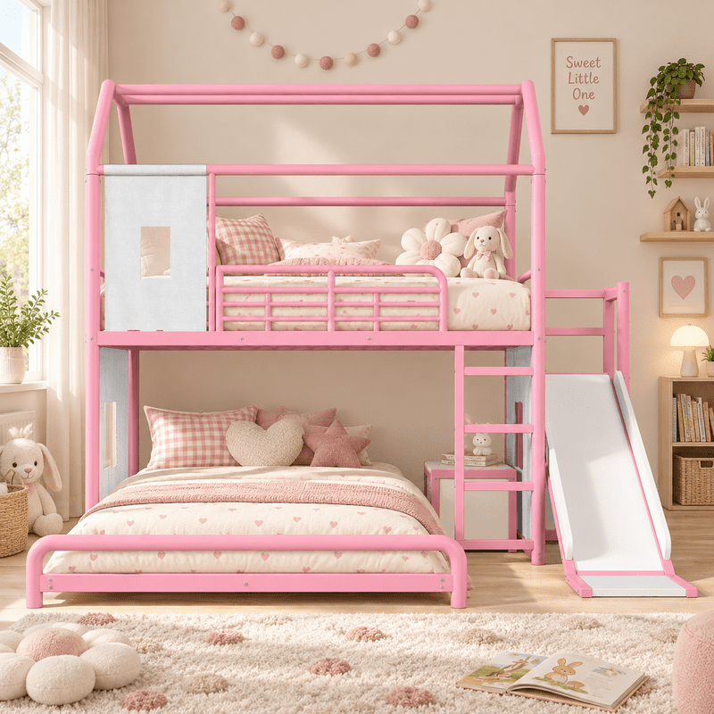 Twin over Full Metal Bunk Bed with Slide, Ladder, LED Light Strip, Privacy Curtain, Movable Storage Cabinet & Hanging Rod, House Shaped Kids Bunk Bed