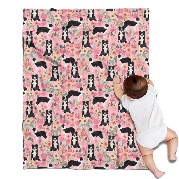 Pink Border Collie Dog and Flower Floral Blanket,Comfortable Soft Flannel Throw Blanket,All Season,Warm Lightweight Blankets for Sofa Bed Couch Living Room Chair,30"x40"