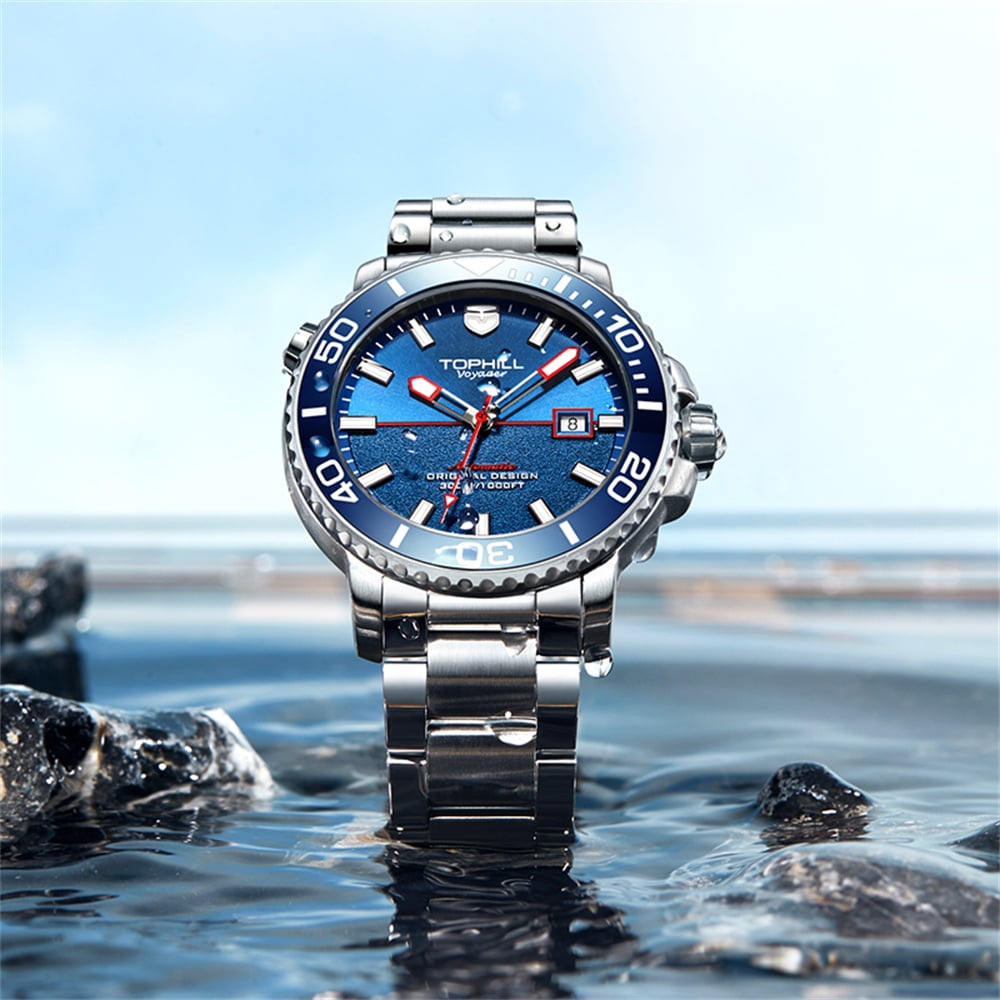 TOPHILL Men Calendar Vintage Swiss Analog Automatic Self-Winding Mechanical Movement Wrist Watch Steel Leather Band Sapphire Crystal Waterproof Luminous Business Clock