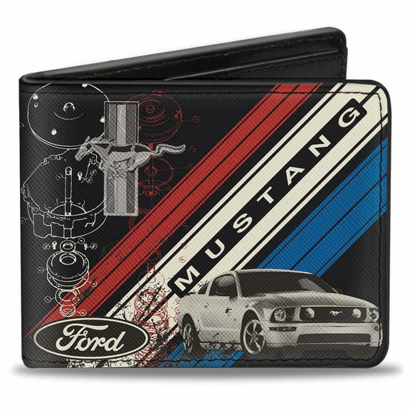 Ford Wallet, Bifold, Mustang Tri Bar Logo Diagonal Stripe Blueprint Red White Blue, Vegan Leather