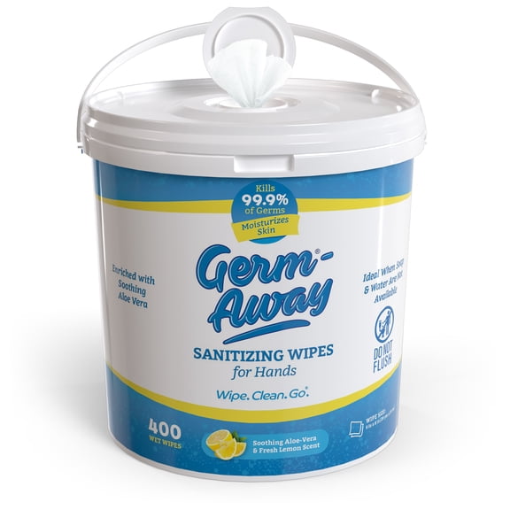 Germ-Away Sanitizing Hand Wipes Bucket, 400 Count, Large Dispensing Canister for Home, Office & Commercial Use
