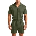 thumbnail image 6 of Bpyeka Men's Casual Two-Piece Set, Camp Collar Button-Down Shirt & Drawstring Shorts, Herringbone Jacquard Textured Co-Ord Outfit, S-2XL, 6 of 9