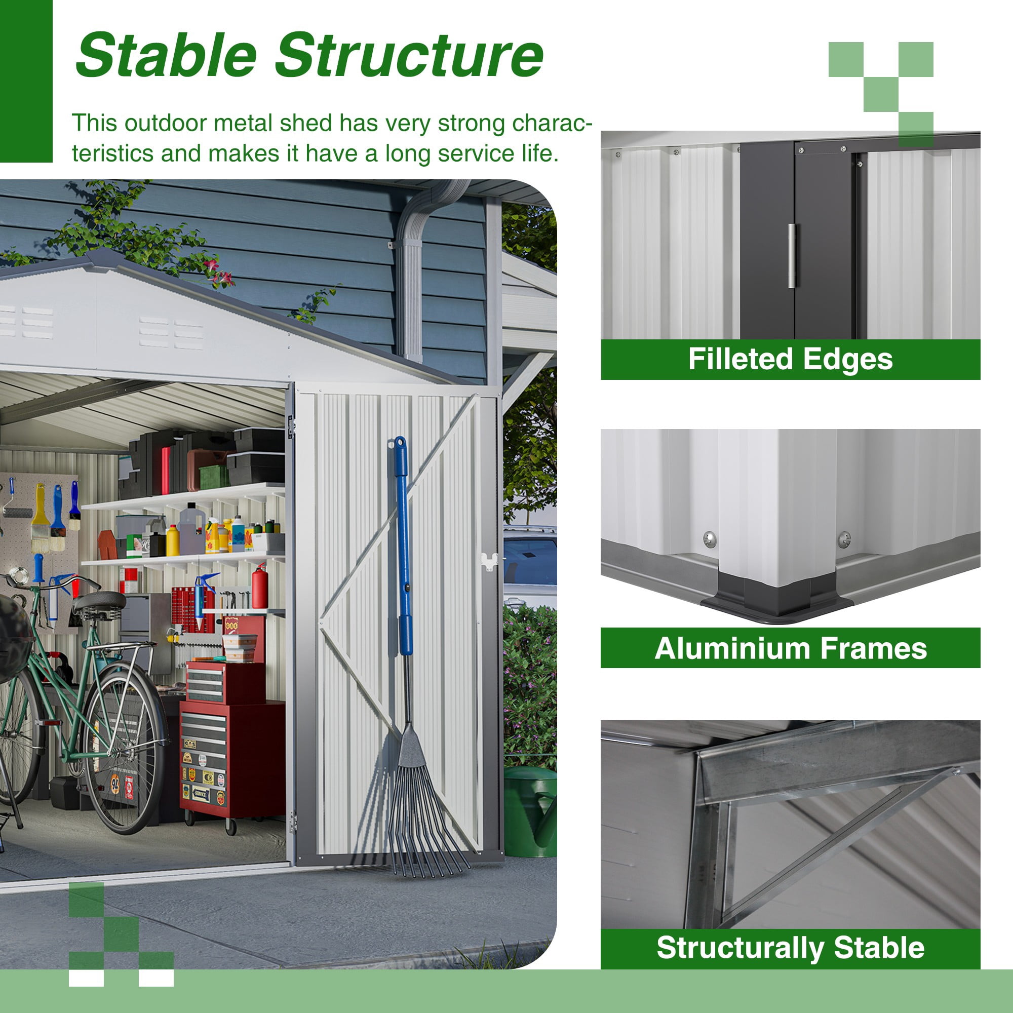 10×8 FT Metal Outdoor Storage Shed, Large Garden Sheds with 2 Lockable Doors, All Weather Anti-Corrosion Galvanized Steel Tool House for Backyard Garden Lawn, White