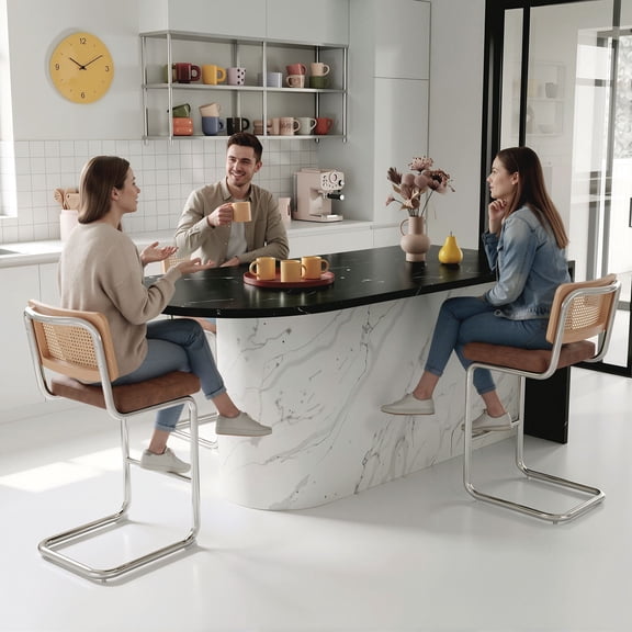 Bar Stools Set of 2, Brown PU Leather Rattan Back with Chrome Cantilever Frame, 350 lbs Capacity 37.4 inch for Kitchen Island