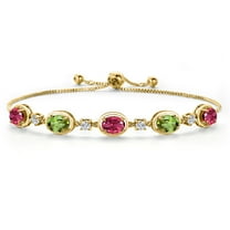 Gem Stone King 18K Yellow Gold Plated Silver Pink Tourmaline and Green Peridot Bracelet for Women | 4.35 Cttw | Gemstone October Birthstone | Oval 7X5MM | Fully Adjustable 9 inch