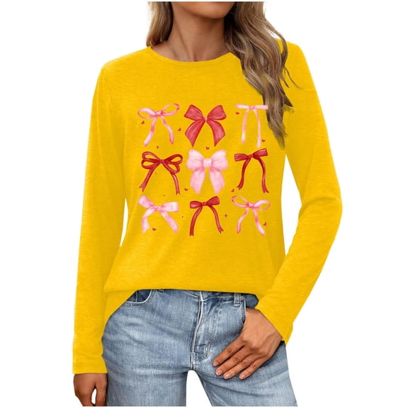 Women's Casual Bow Shirts Long Sleeve Cute Graphic Tees Tops Crew Neck Trendy Going Out Tshirt Pullover, S Yellow