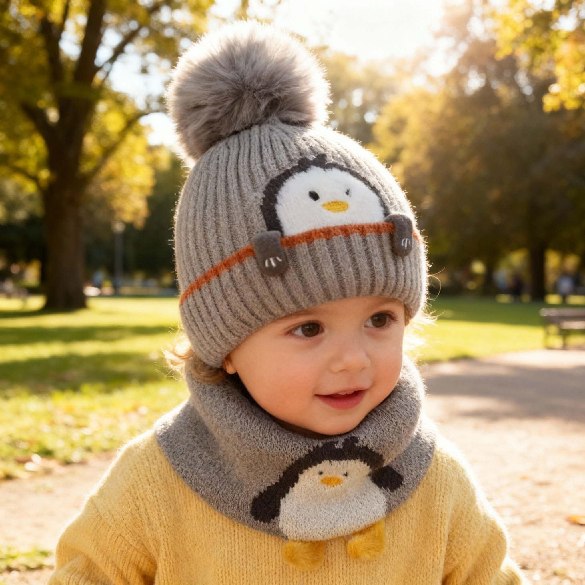Baby Kids Winter Warm Hats, Infant Toddler Children Pom Pom Beanie Knit Cap Girls Boys-2 piece