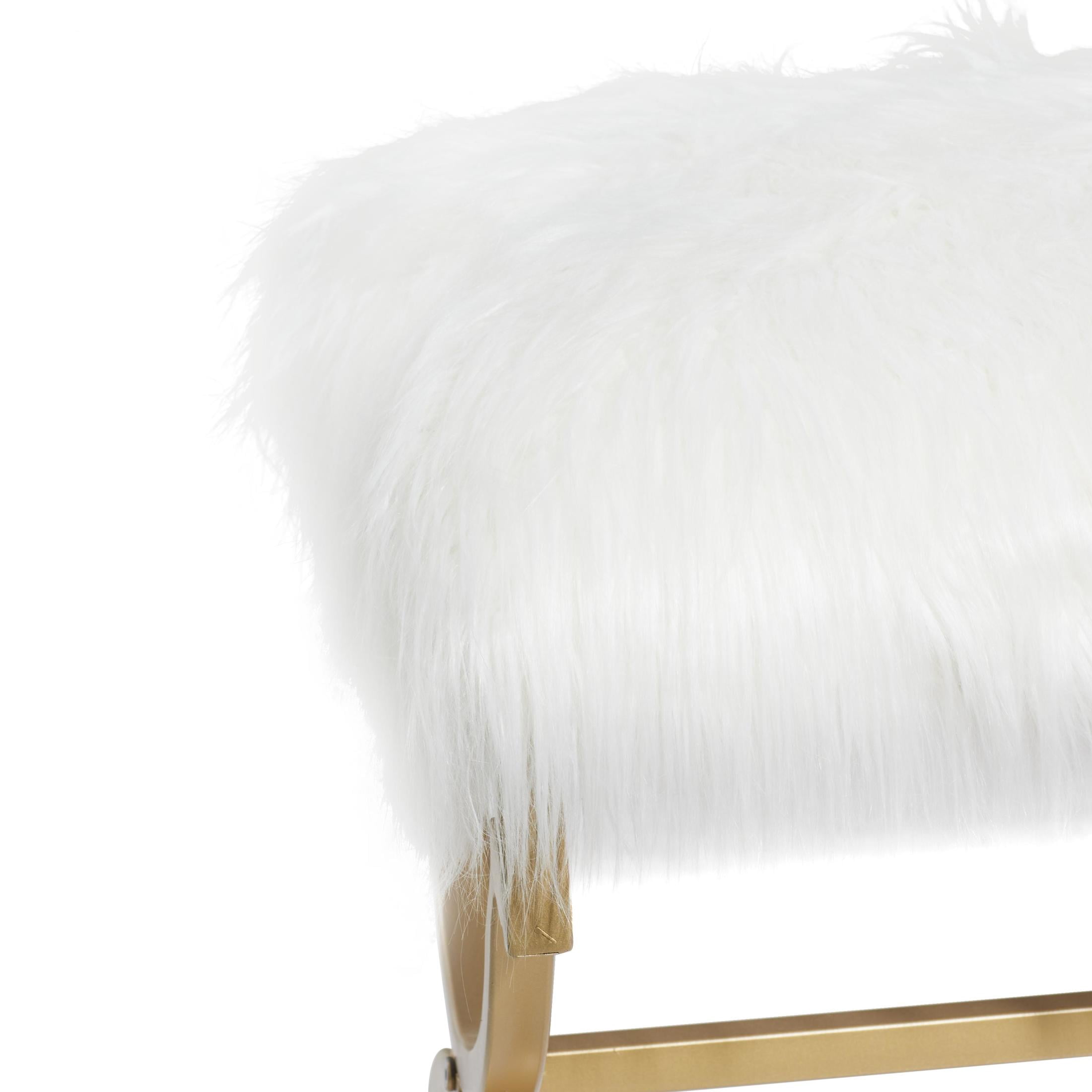 DecMode Metal Bench with White Faux Fur Top, Gold