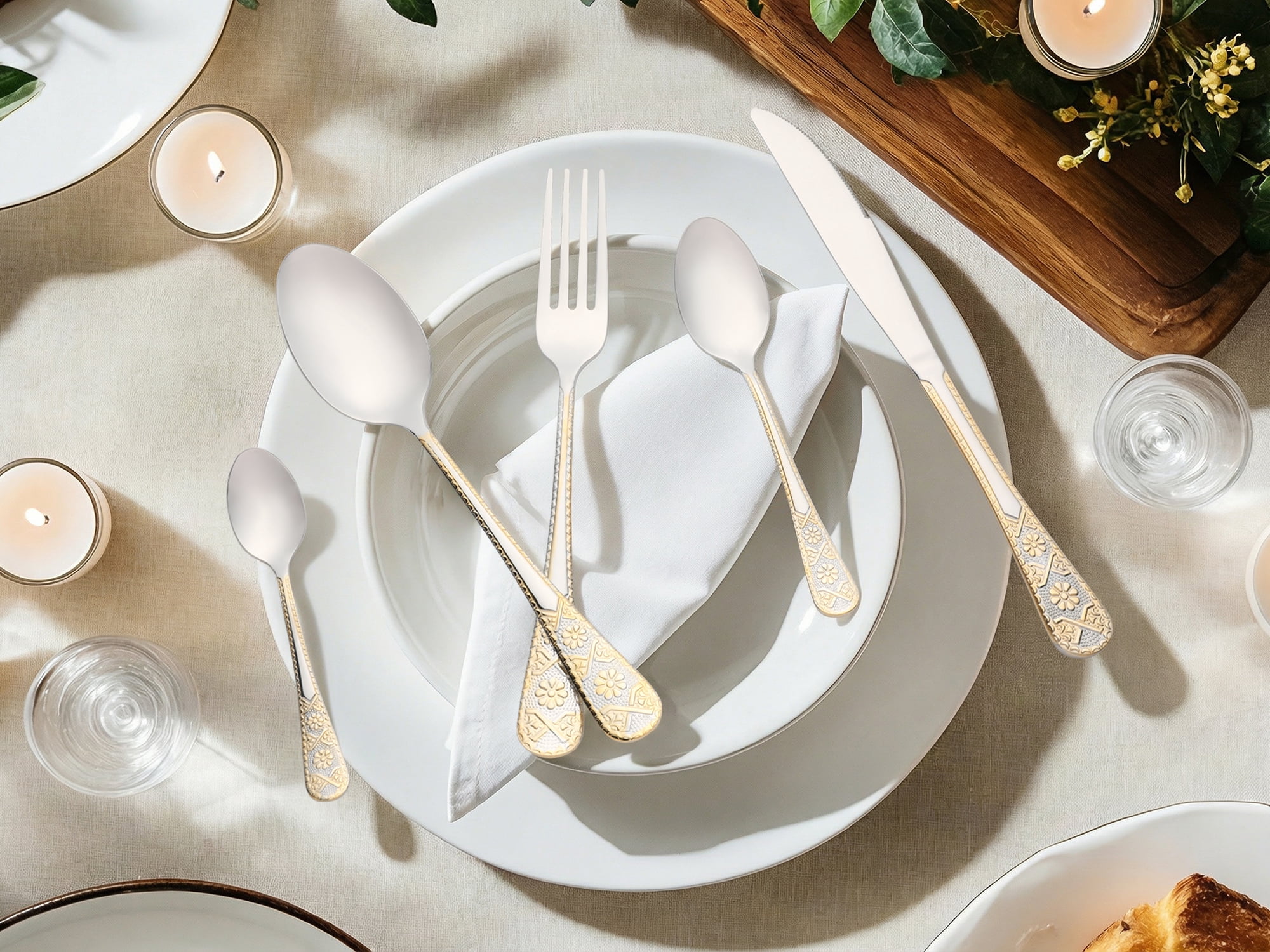 Unique Bargains 20 Piece Stainless Steel Floral Dinner Flatware Set Silver/Gold 20