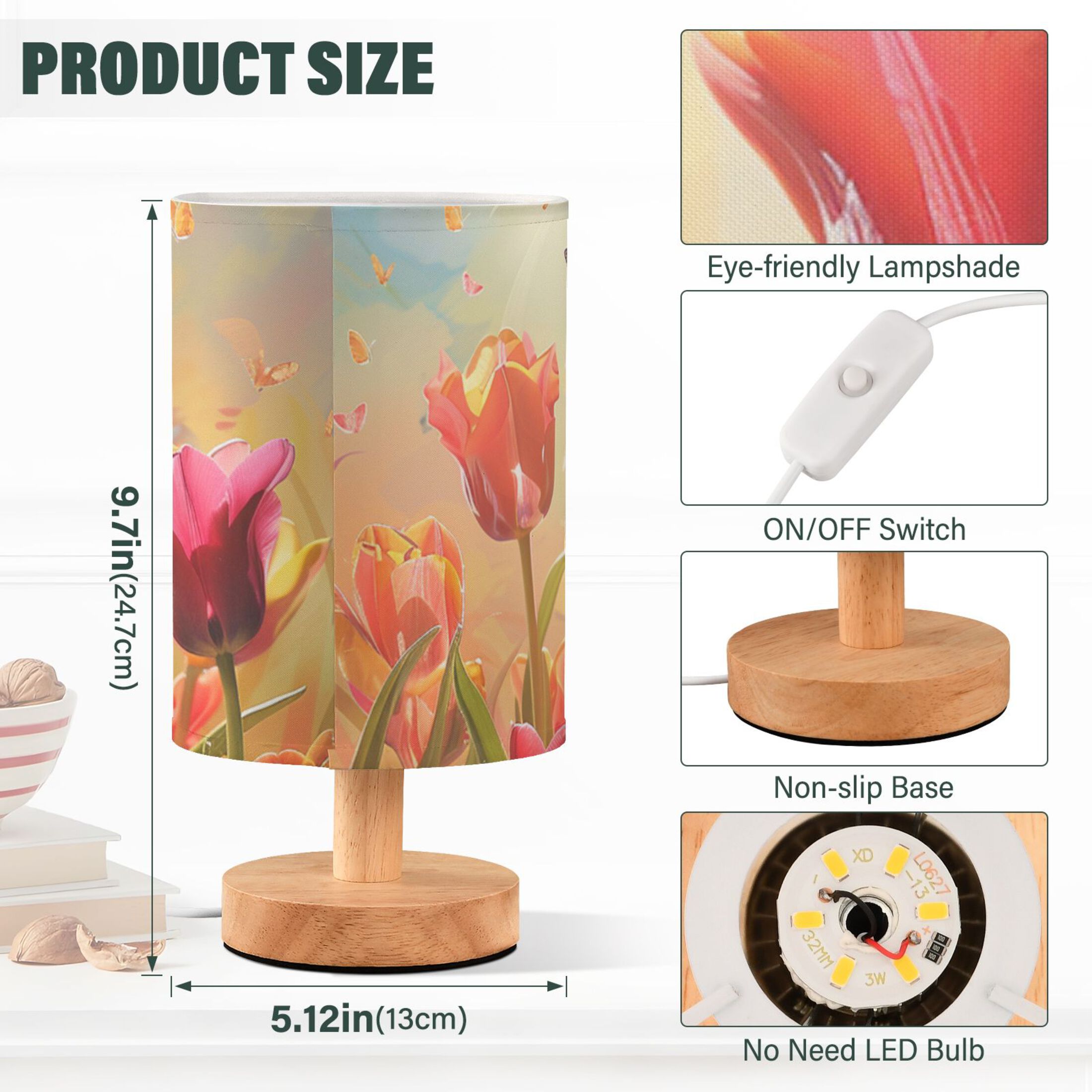 Tulips Butterflies Sun Oil Painting Table Lamp with USB Port LED Warm Light Lamp Night Light Home Decor