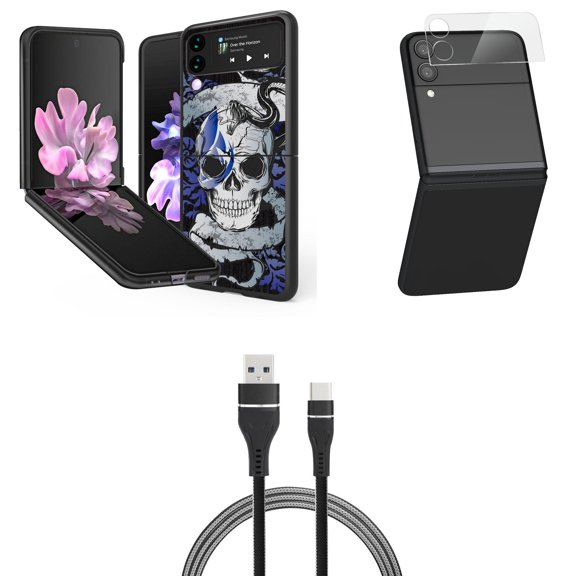 Bemz Premium Bundle for Samsung Galaxy Z Flip 3 5G: Slim Snap-On Protector Case (Blue Snake and Skull), Rear Camera Glass Protector, Nylon Braided USB-C to USB-A Cable (3 Feet)