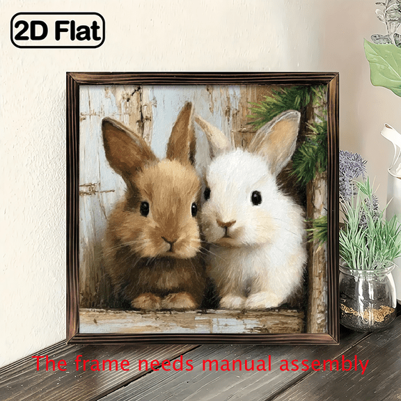 2D Flat - Rustic Farmhouse Rabbit Wooden Art Sign - Bunny Wall Decor with Frame, 8x8 Inch, Perfect for Home, Bathroom, Office, and Garage - Ideal Housewarming Gift, Rabbit Accessorie
