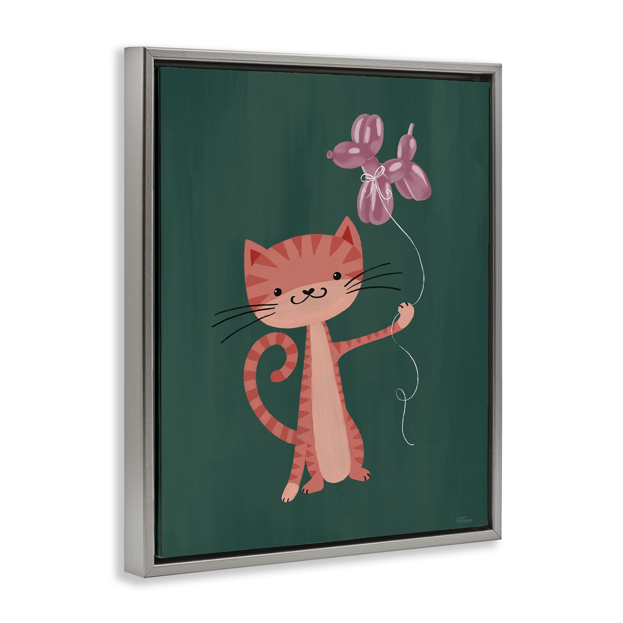Stupell Industries Balloon Buddy Cat Gray Framed Floater Canvas Wall Art, design by Cat Thurman Designs