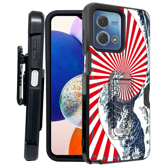 ANJ  Rugged Shockproof Kickstand Hybrid Case with Card Slot and Holster   Tempered Glass Cover for Motorola Moto G Stylus 5G (2023) - Japanese Wave