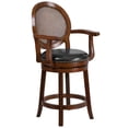 thumbnail image 1 of 26'' High Expresso Wood Counter Height Stool with Arms, Woven Rattan Back and Black Leather Swivel Seat, 1 of 9