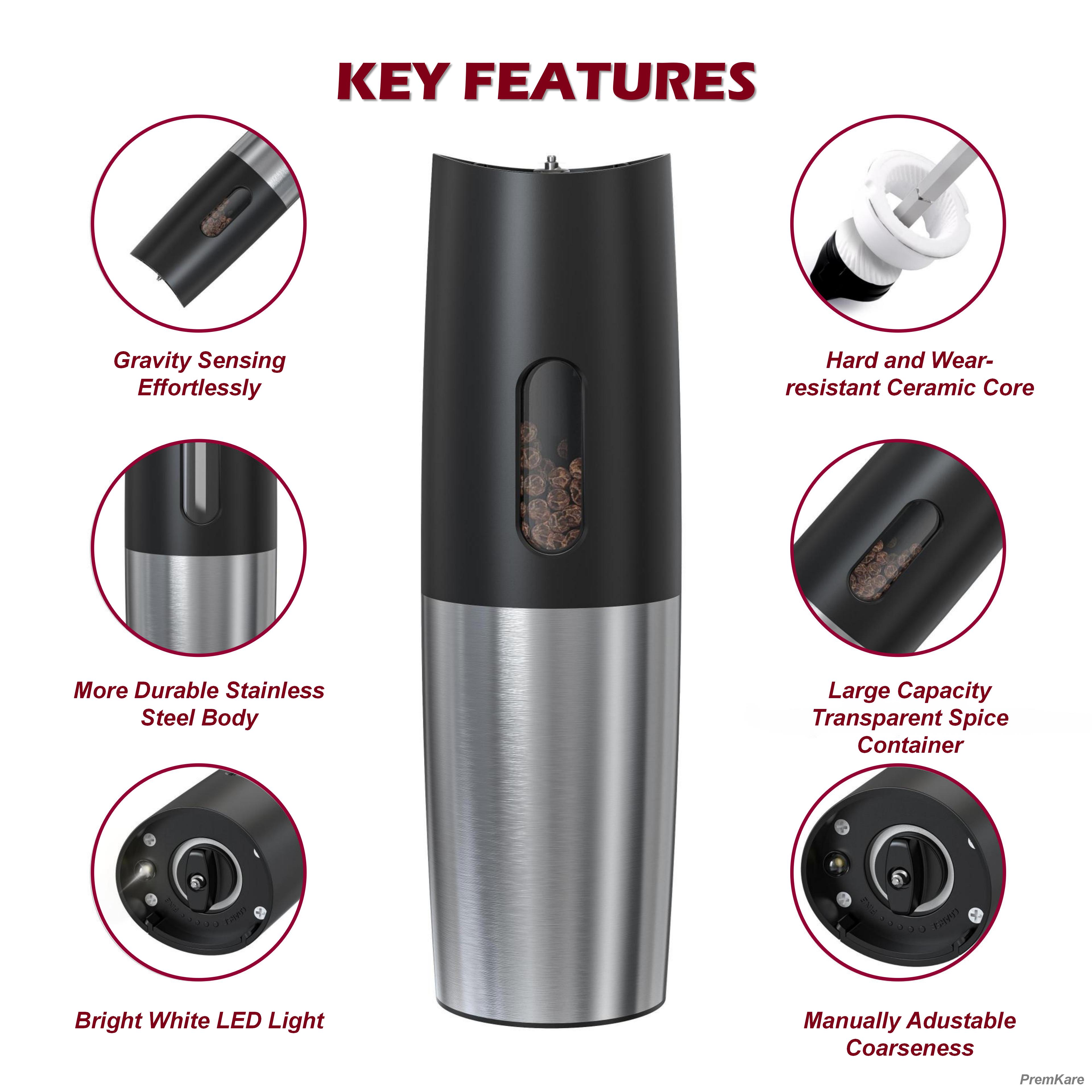 Gravity Electric Salt and Pepper Grinder Set - USB Rechargeable，Automatic  Salt Pepper Mill with 5 Adjustable Coarseness, Ceramic Grinder with Bottom