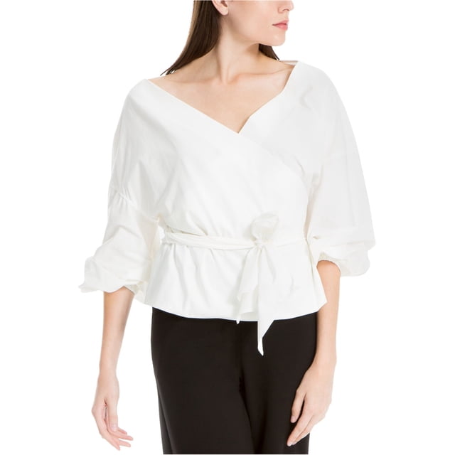 Max Studio London Womens Belted Wrap Blouse, White, Small