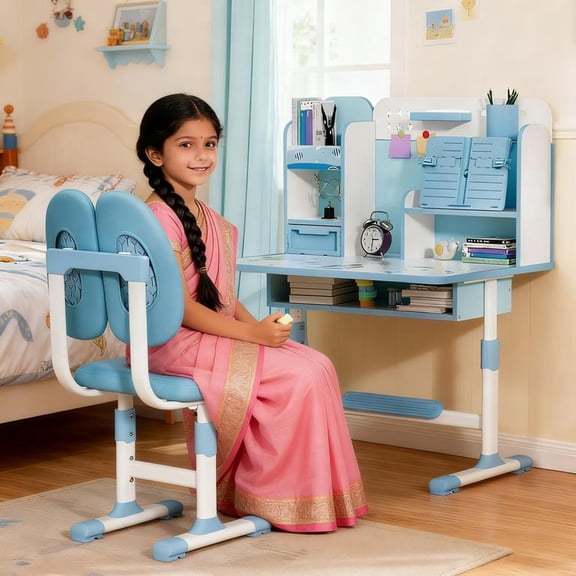 YNCE Desk for Kids, Kids Desk and Chair Set Height Adjustable for Girls, Kid Study Table and Chair Set with Widened Desktop Storage Drawer