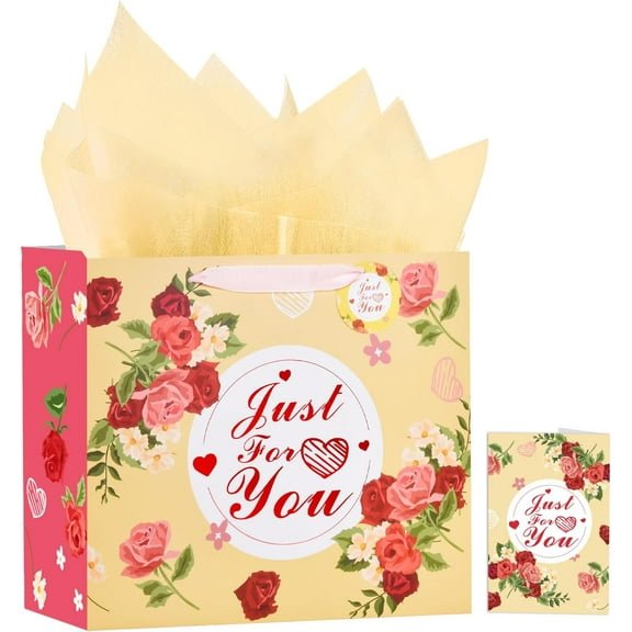 13"Just for You Gift Bags with Greeting Card and Tissue Paper for Woman,Moms,Sisters,Teacher,Grandmas-Elegant Floral & Gold Foil Just for You Lettering(Yellow,1PCS Rose Flower Gift Bag)