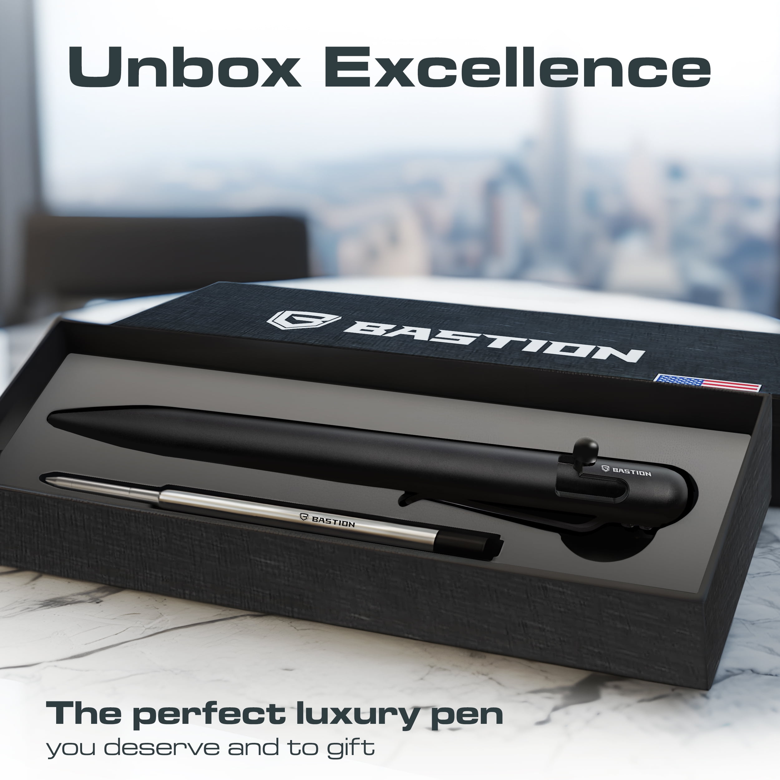 Bastion Stainless Steel Bolt Action Pen, Jet Black, Ballpoint Refillable, 1 Count