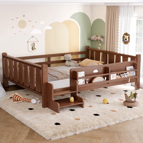 Bellemave Full Size Daybed with Guardrails and Stairs, Wood Floor Bed Frame with Bookcase, Montessori Bed with Fence for Room, No Box Spring Needed,Natural