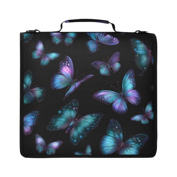 Zipper Binder with Shoulder Strap 2 inch 3 Ring Waterproof File Folder Organizer Bag 500 Sheet Blue-purple and Cyan Butterflies