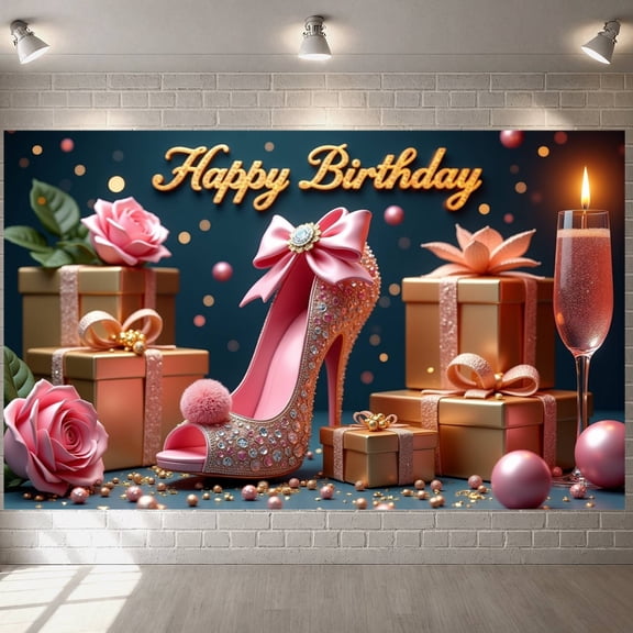 Pink Style Banner Gold Accent Birthday Display Sparkling Rhinestones Bowknot Detail Party Backdrop for Birthday Party Women's Birthday Photo Shoot