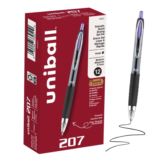 uniball™ 207 Retractable Gel Pens, Medium Point, 0.7mm, Violet Ink, 12 Count