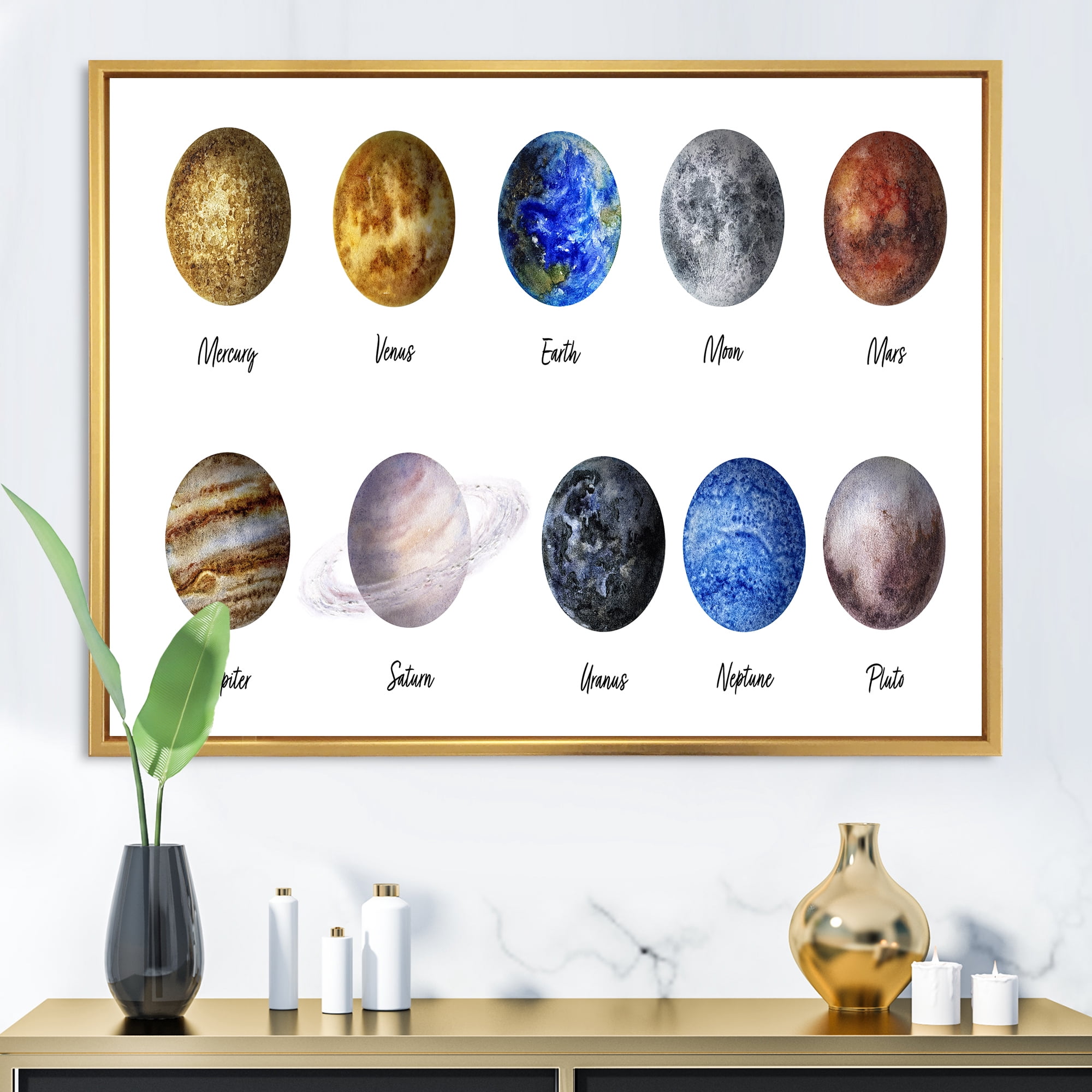Designart 'All Planets United On White' Modern Framed Canvas Wall Art Print