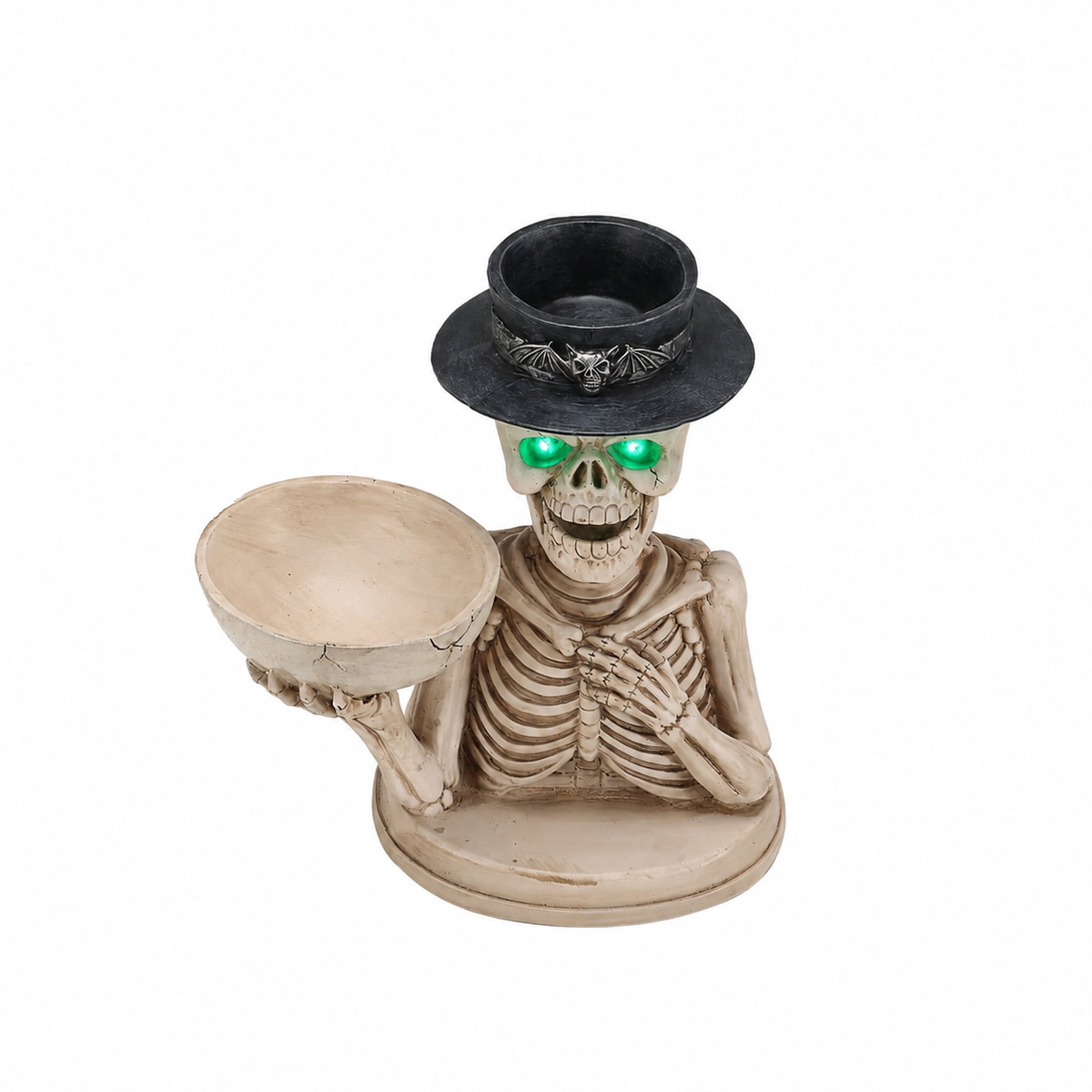 Skeleton Figurine 11.81 Inch, Halloween Storage Bowl and Candle Holder with Glowing Eyes, Spooky Indoor Decor for Home and Party, White and Black