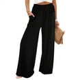 thumbnail image 2 of Lenpel Palazzo Pants for Women Elastic High Waisted Pull on Wide Leg Lounge Pants Baggy Casual Trousers with Pockets(Black,Large), 2 of 7