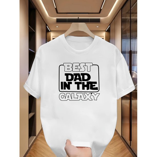 Men'S "Best Dad in the Galaxy" Graphic T-Shirt - White Casual Short Sleeve Crewneck with Bold Black Lettering, Perfect for Summer, Everyday Tshirt | Fun Dad Shirt | Cotton Fabric