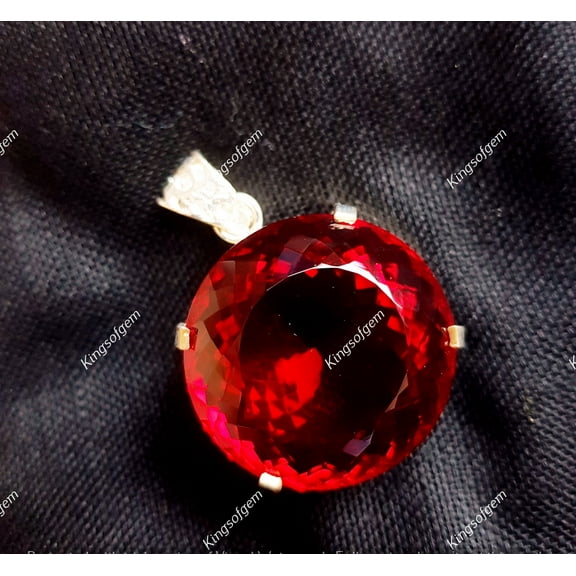 Synthetic Red Ruby 25 CT Round Loose Gemstone 925 Solid Silver Pendant
