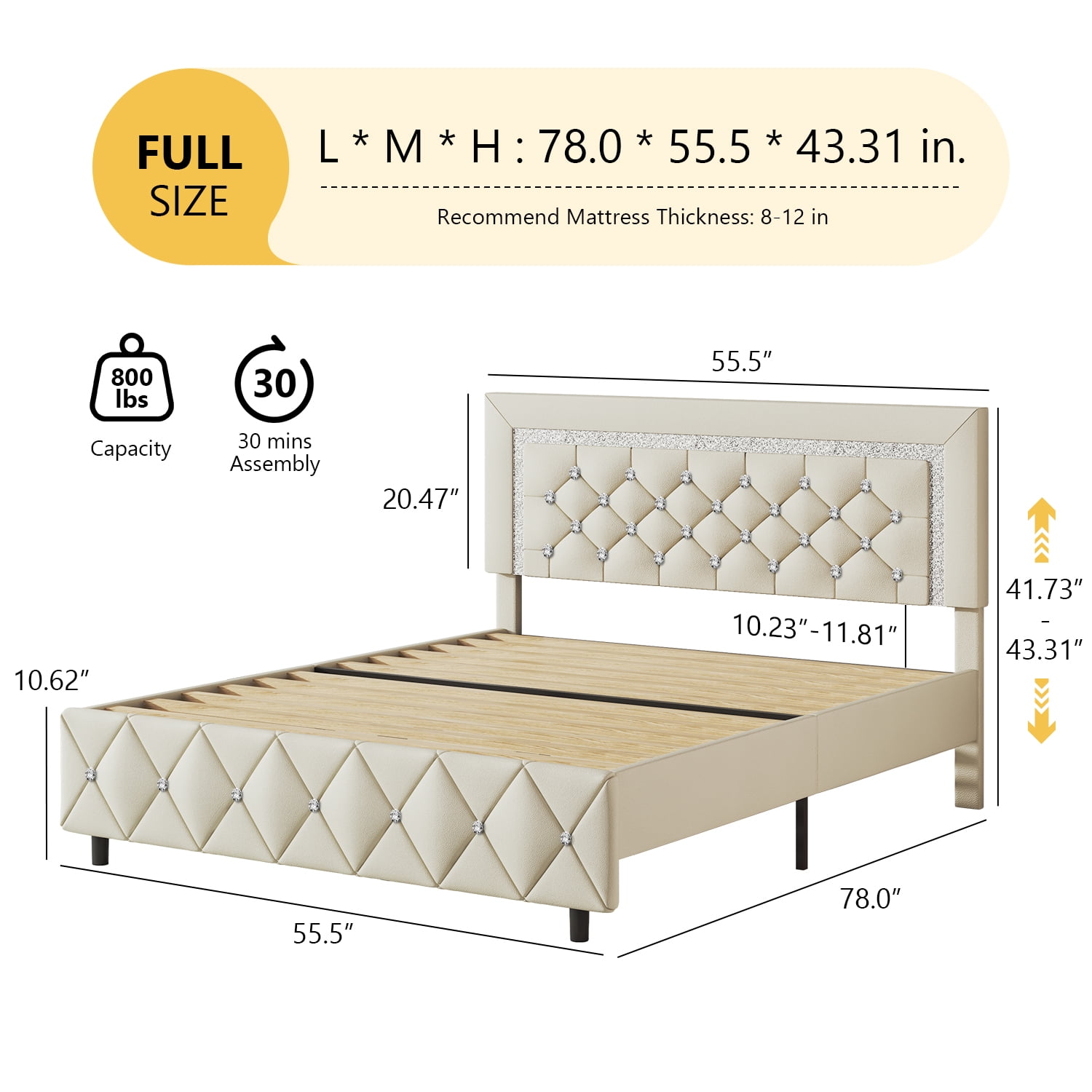 4 EVER WINNER Full Bed Frame, Upholstered Platform Bed Frame with Headboard and Footboard, Diamond Headboard and Footboard Design, Beige