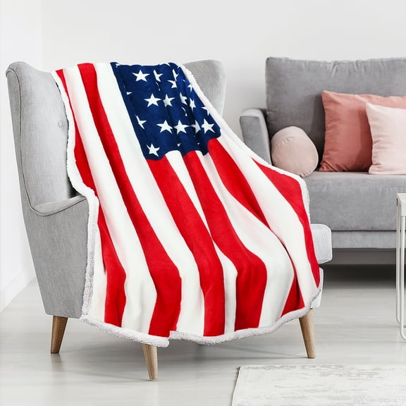 Tirrinia US Flag Patriotic Sherpa Throw Blanket, Super Cozy Fleece Blanket, Reversible for Bed or Couch, US Flag Print, 50" x 60"