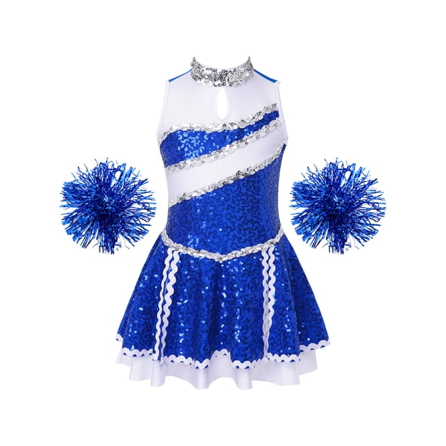 YiZYiF Tenues de Cheerleading Uniforme de Cheerleading à Paillettes pour Filles Enfants Robe de Performance de Danse Robe Bleue Royale 6