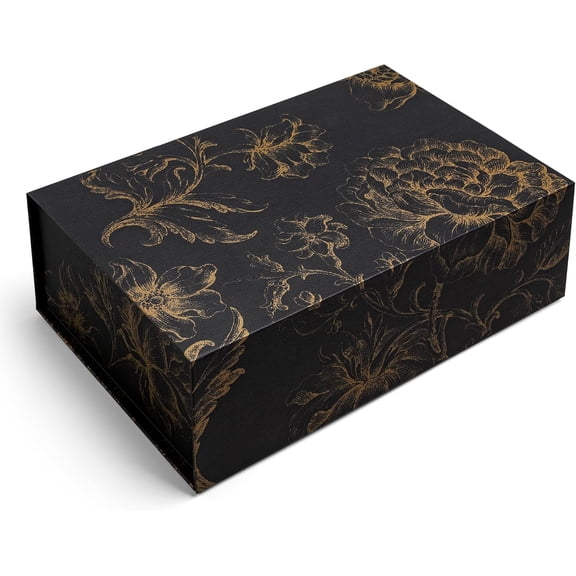 Sorarto Luxury Keepsake Gift Box | Black Gold Floral Decorative Boxes with Magnetic Lids for Presents, Wedding Memory Box, and Bridal Gifts. 11.5" x 7.5" x 3.5"