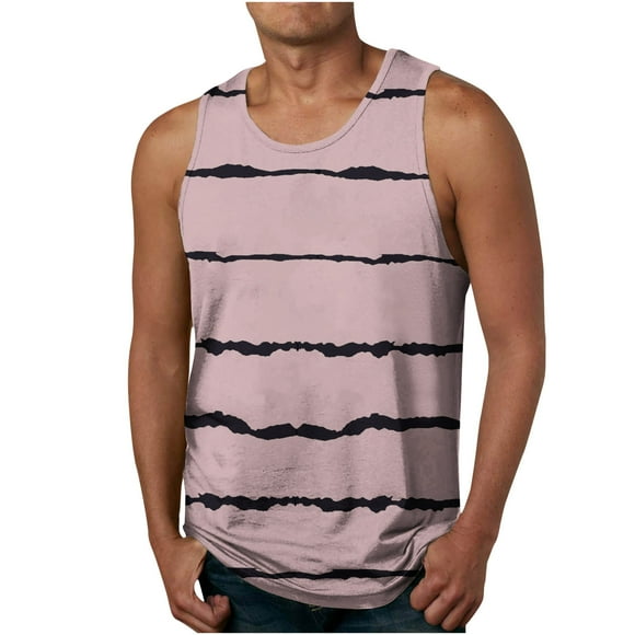 lcziwo Men's Sleeveless Striped Tank Top Big and Tall Round Neck Workout Muscle Tee Shirt for Running Athletic Gym Swim Training Clearance Sale 2024,Pink,L