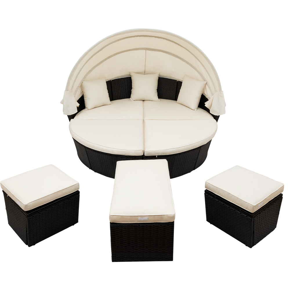 Outdoor Sectional Sofa Set, 6 Piece Patio Furniture Set, Round Wicker Daybed with Retractable Canopy, Outdoor Conversation Set with Beige Cushions for Backyard, Porch, Garden, Poolside, LLL4324 - image 5 of 10