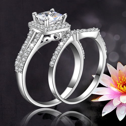 Details about  / Flower Lotus White Diamond Engagement Wedding Ring Set In 925 Silver