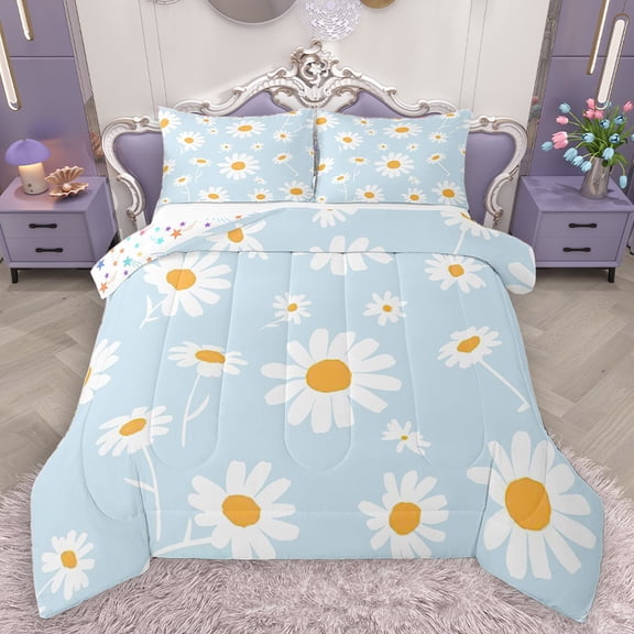 Homewish Blue Cartoon Groovy Bedding Comforter Set for Kid, Kawaii Daisy Flower Twin Comforter Sets, Rustic Floral Reversible Bedding Set, Luxury Bedroom Decor, 2-Piece