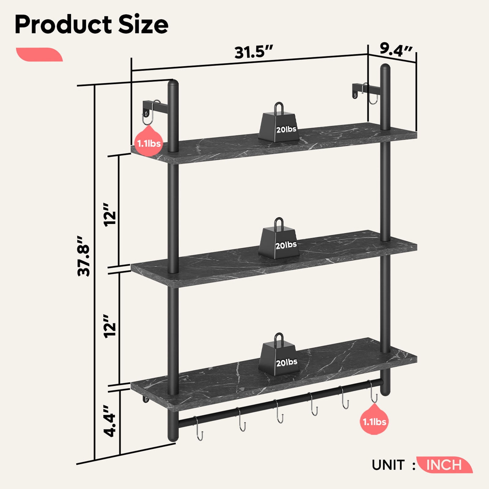 Bestier 31" Kitchen Wall Shelves 3-Tier Floating Shelves for Bathroom, Bedroom, Living Room, Black Marble