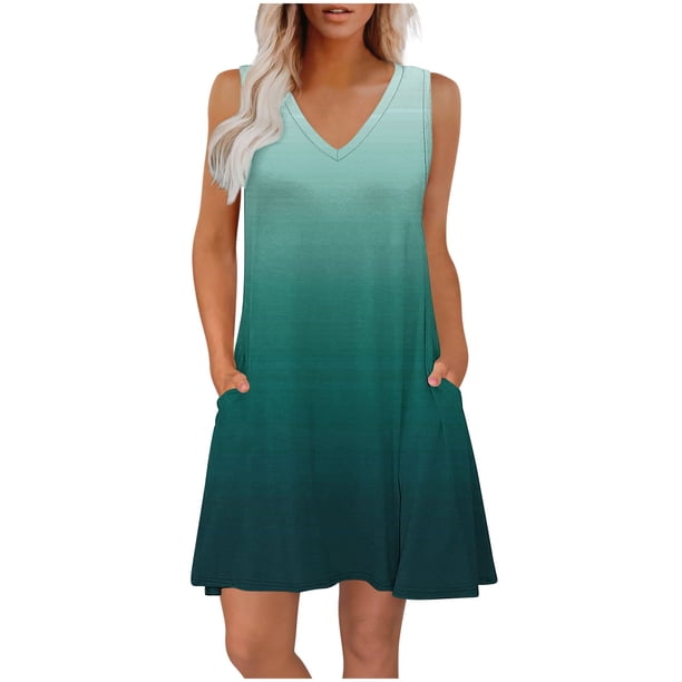 Vestido Corto para Mujeres Verano sin Mangas Cuello en V, Impresión de Moda con Bolsillos, Poliéster de Algodón Casual