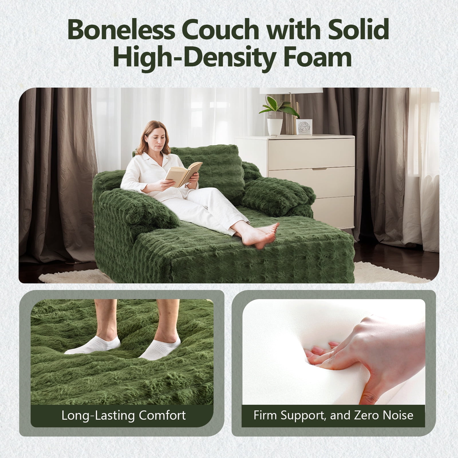 Ktaxon 68" Lounge Chair, Bubble Fleece Fabric Sofa Bed, Boneless Sleeper Chaise with Removable Backrest & Pillow-Top Armrests for Living Room Green