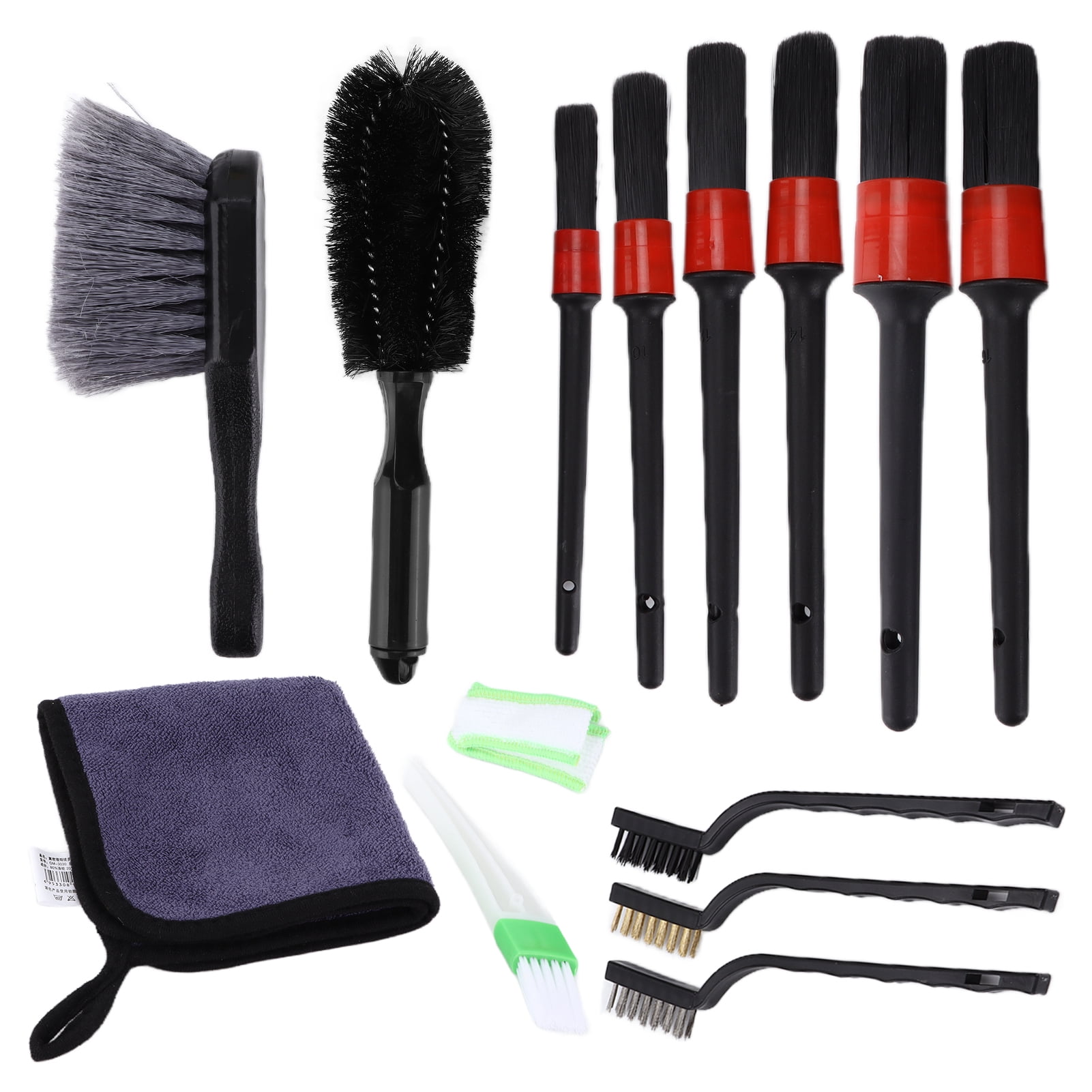 Rupoun 14pcs Car Detailing Brush Kit with Microfiber Cloths and Wire Brushes for Cleaning Wheel, Interior, Dashboard, and Engine Components - 10.63 inches / 27 cm Length Pack