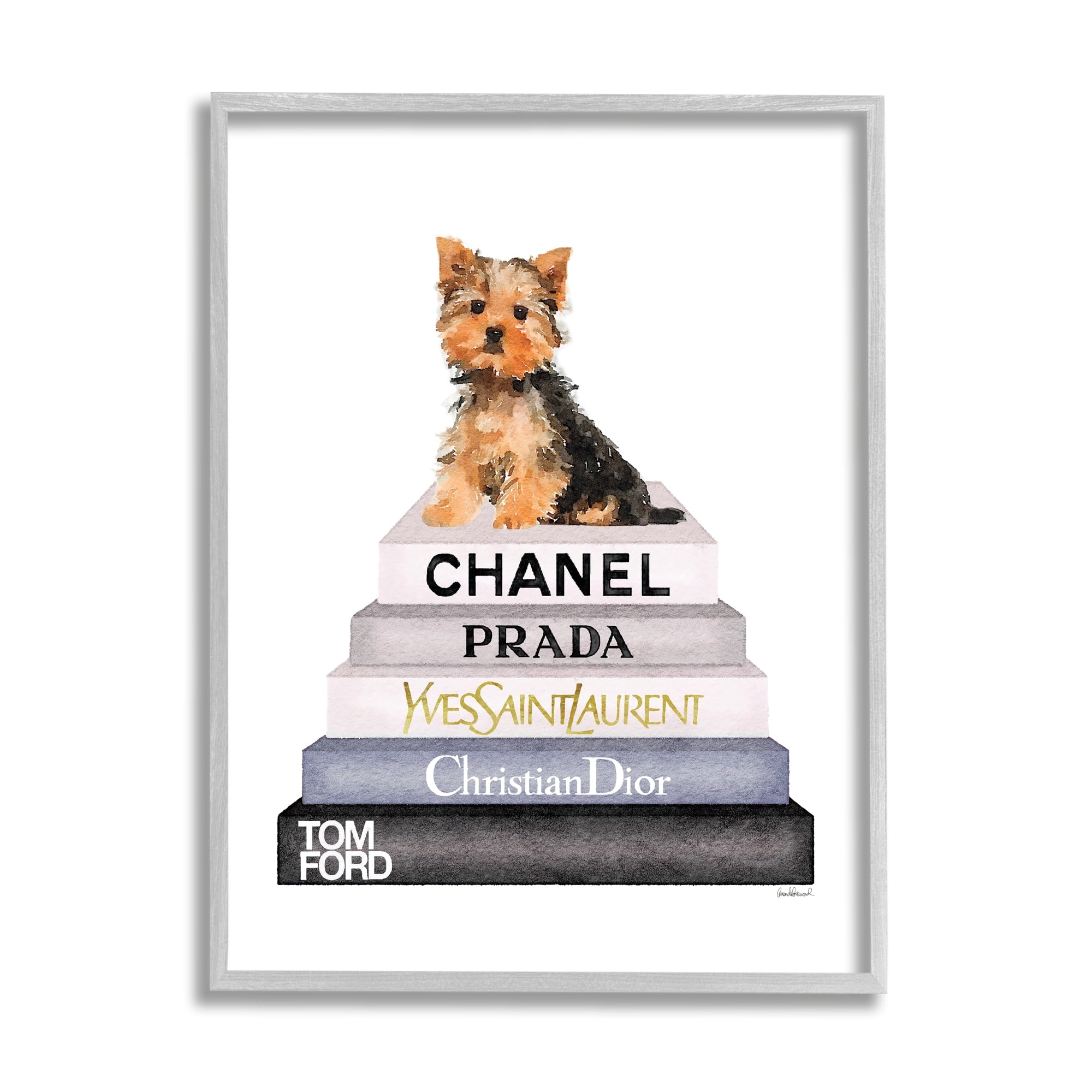 Stupell Industries Book Stack Yorkie Dog Glam Fashion Watercolor Graphic Art Framed Art Print Wall Art, 24x30, By Amanda Greenwood