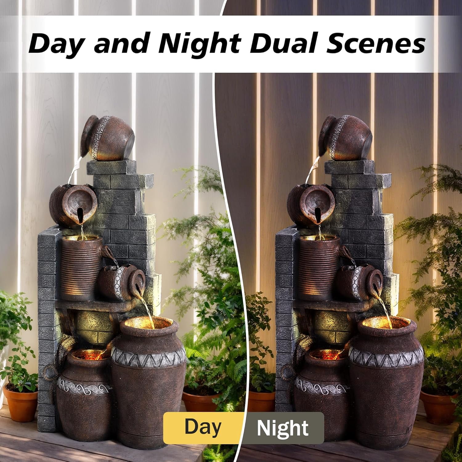 Magic Union 31.5" Tall Outdoor Water Fountain Garden Waterfalls Fountain with LED Lights 6 Tier Modern Indoor/Outdoor Floor Standing Water Fountain with Pump for Garden, Patio, House Decor,Gray
