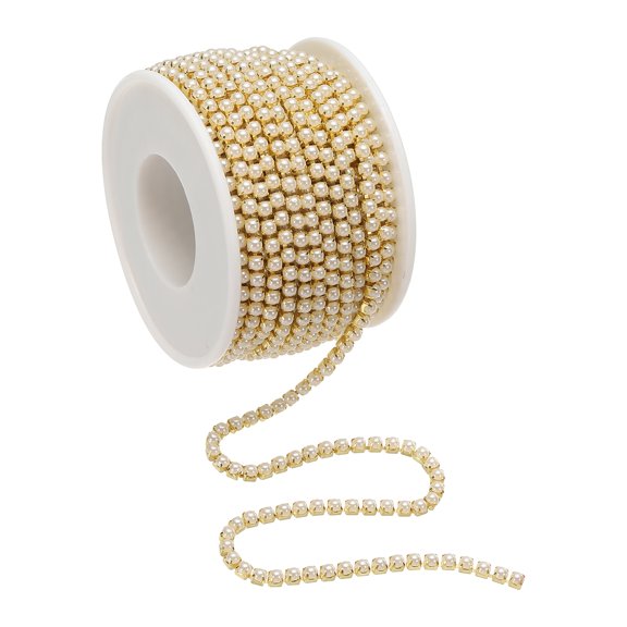 Uxcell Pearl Trim Chain 10 Yards x 3mm, SS12 Gold Pearl Applique Trim Beaded Cup Chain for Sewing Crafts DIY Decoration, White