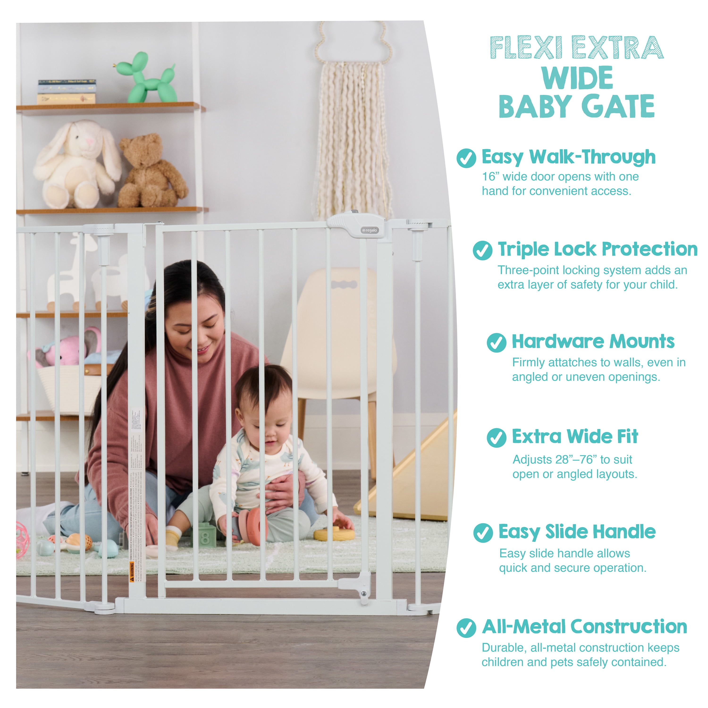 Regalo 76 Inch Super Wide Baby Gate, 3-Panel Baby Safety Gate, Configurable, Age Group 6 to 24 Months