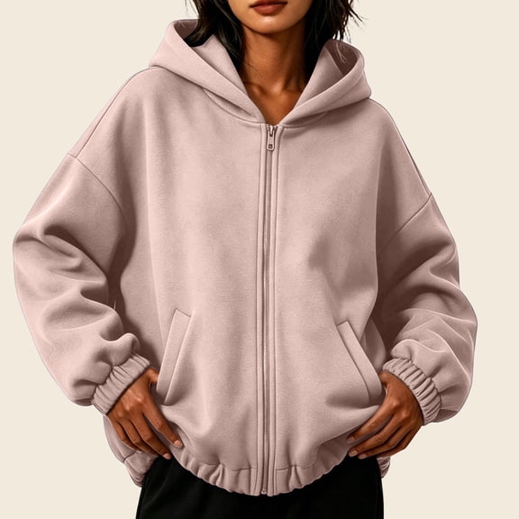 thefmos Women's Hooded Zip Up Pullover Sweatshirt Solid Color Long Sleeve Casual Outerwear Fashion Fall Winter Outfit, Khaki XL